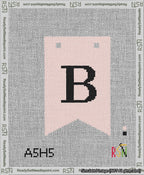 A taped needlepoint canvas with the design: Banner 13 mesh count Forked B Black on Pink.