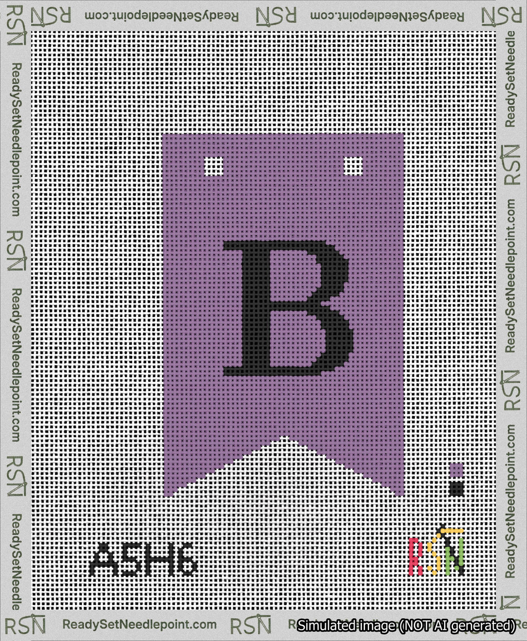 A taped needlepoint canvas with the design: Banner 13 mesh count Forked B Black on Purple.