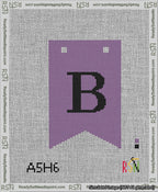 A taped needlepoint canvas with the design: Banner 13 mesh count Forked B Black on Purple.