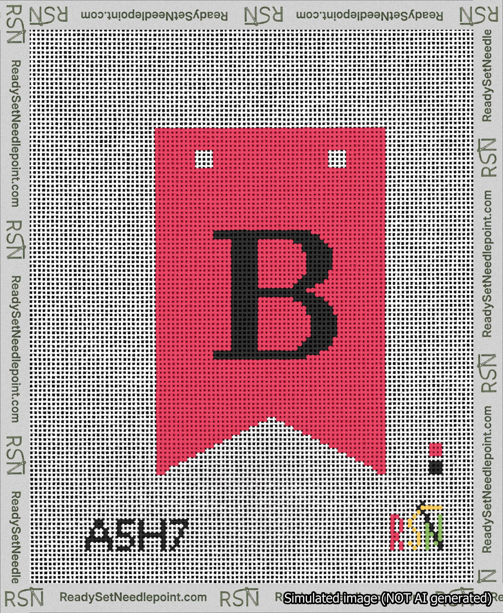 A taped needlepoint canvas with the design: Banner 13 mesh count Forked B Black on Red.