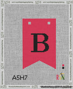 A taped needlepoint canvas with the design: Banner 13 mesh count Forked B Black on Red.