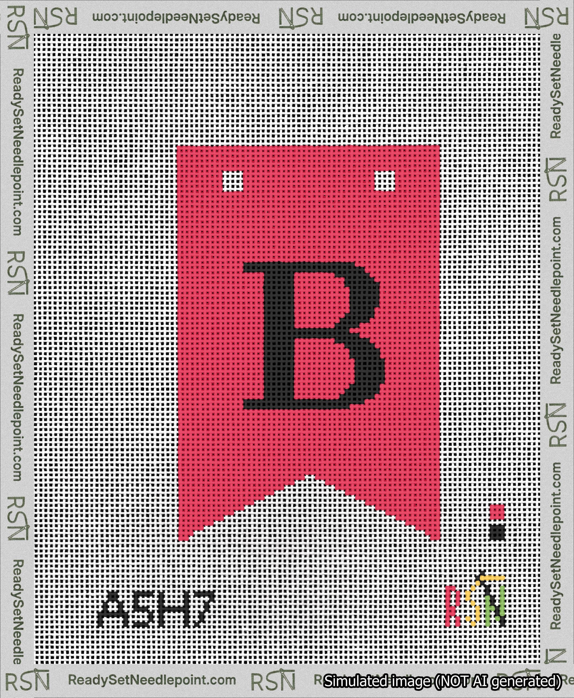 A taped needlepoint canvas with the design: Banner 13 mesh count Forked B Black on Red.