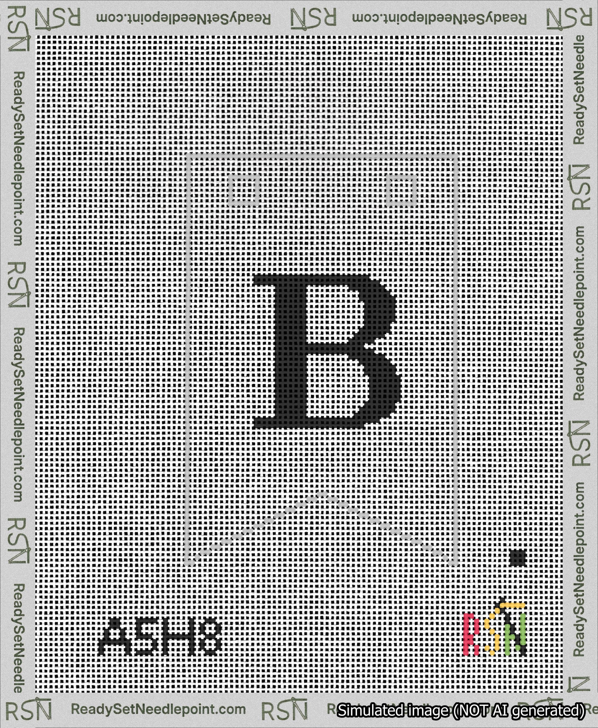 A taped needlepoint canvas with the design: Banner 13 mesh count Forked B Black on White.