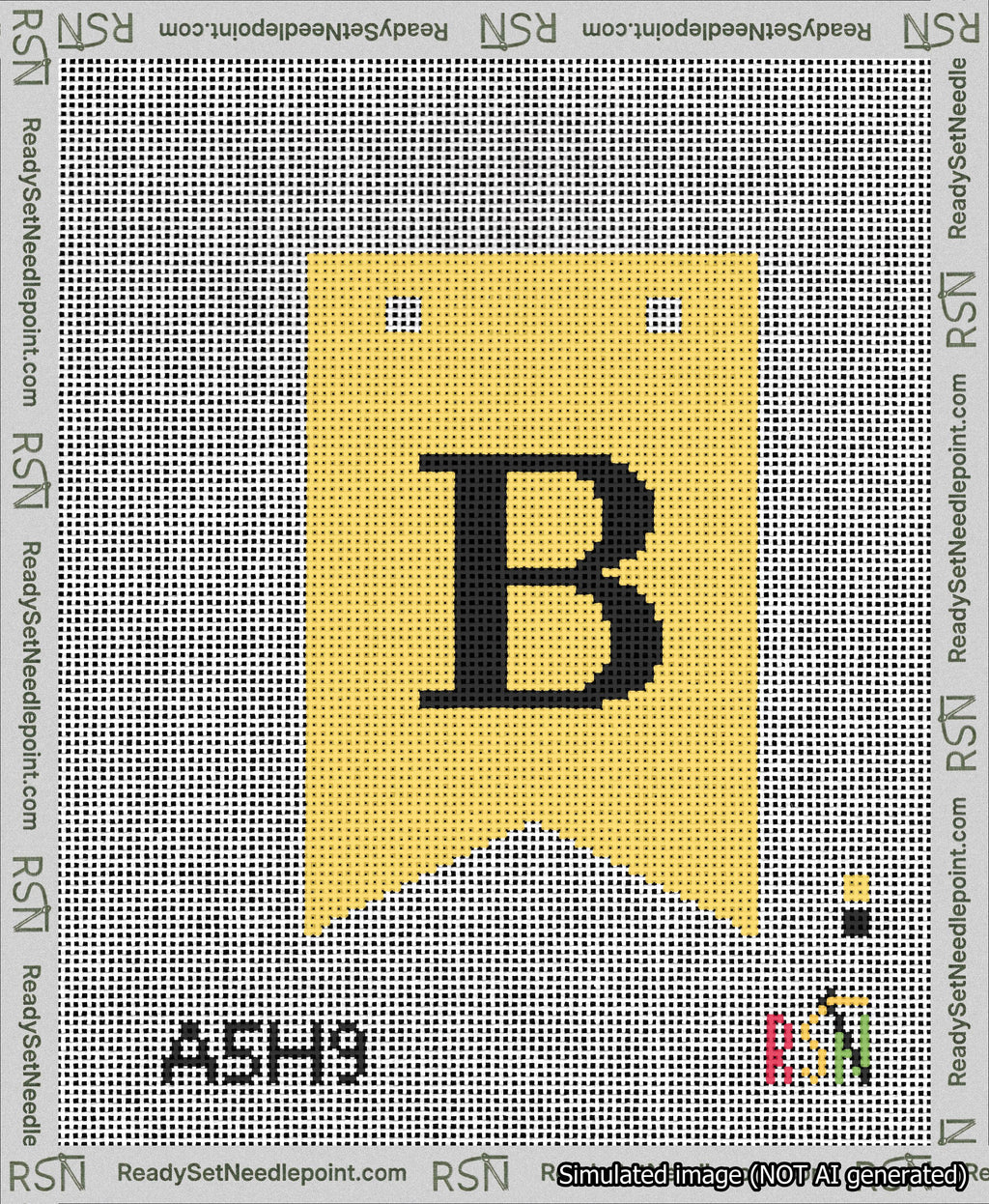 A taped needlepoint canvas with the design: Banner 13 mesh count Forked B Black on Yellow.