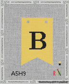 A taped needlepoint canvas with the design: Banner 13 mesh count Forked B Black on Yellow.