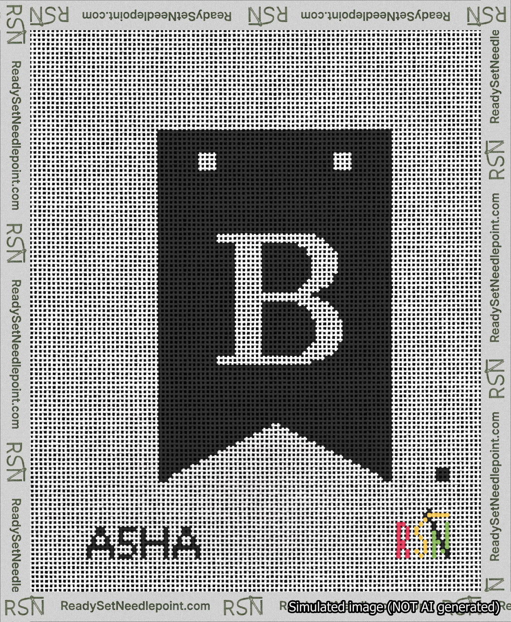 A taped needlepoint canvas with the design: Banner 13 mesh count Forked B White on Black.