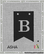 A taped needlepoint canvas with the design: Banner 13 mesh count Forked B White on Black.