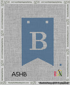 A taped needlepoint canvas with the design: Banner 13 mesh count Forked B White on Blue.