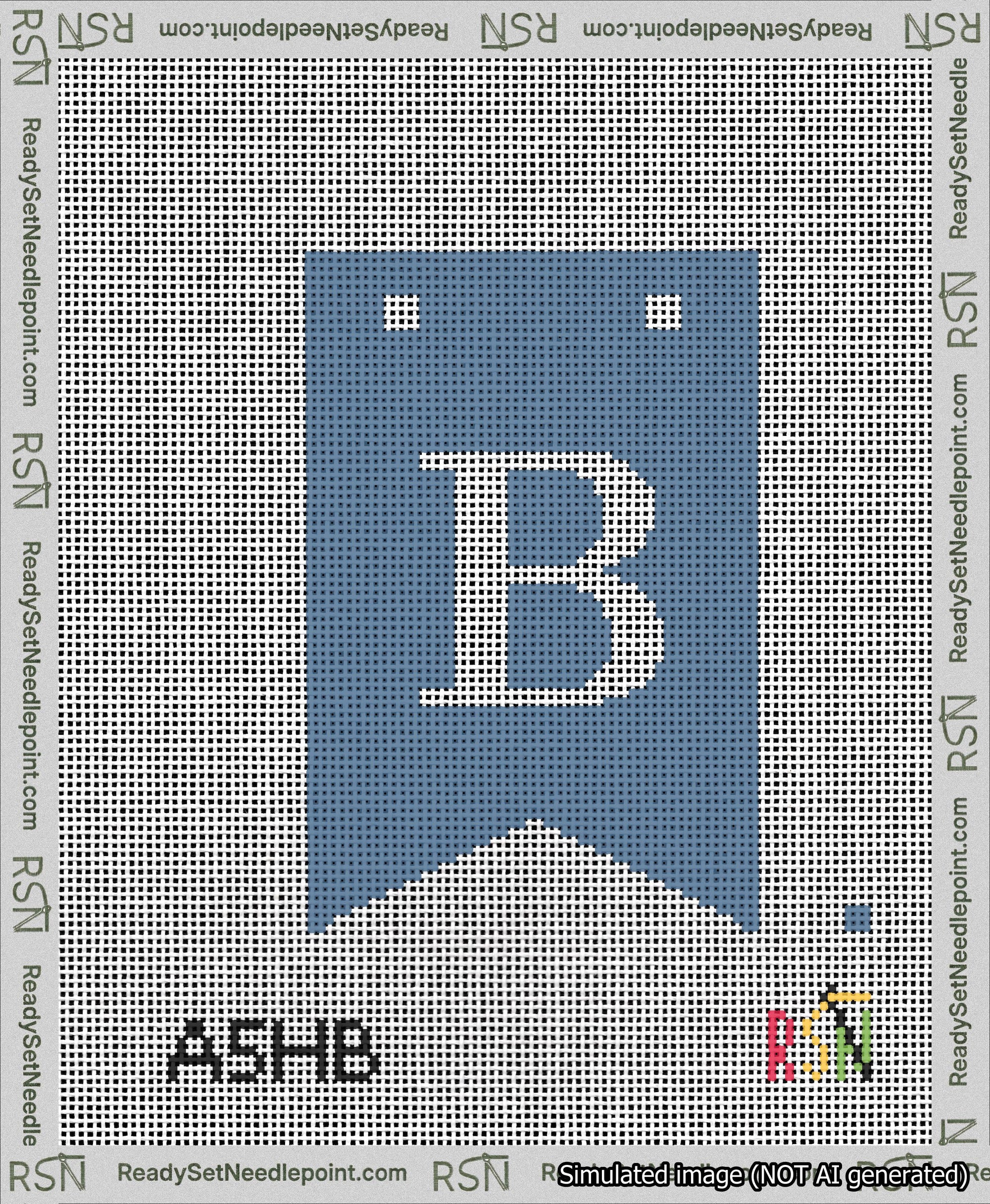 A taped needlepoint canvas with the design: Banner 13 mesh count Forked B White on Blue.