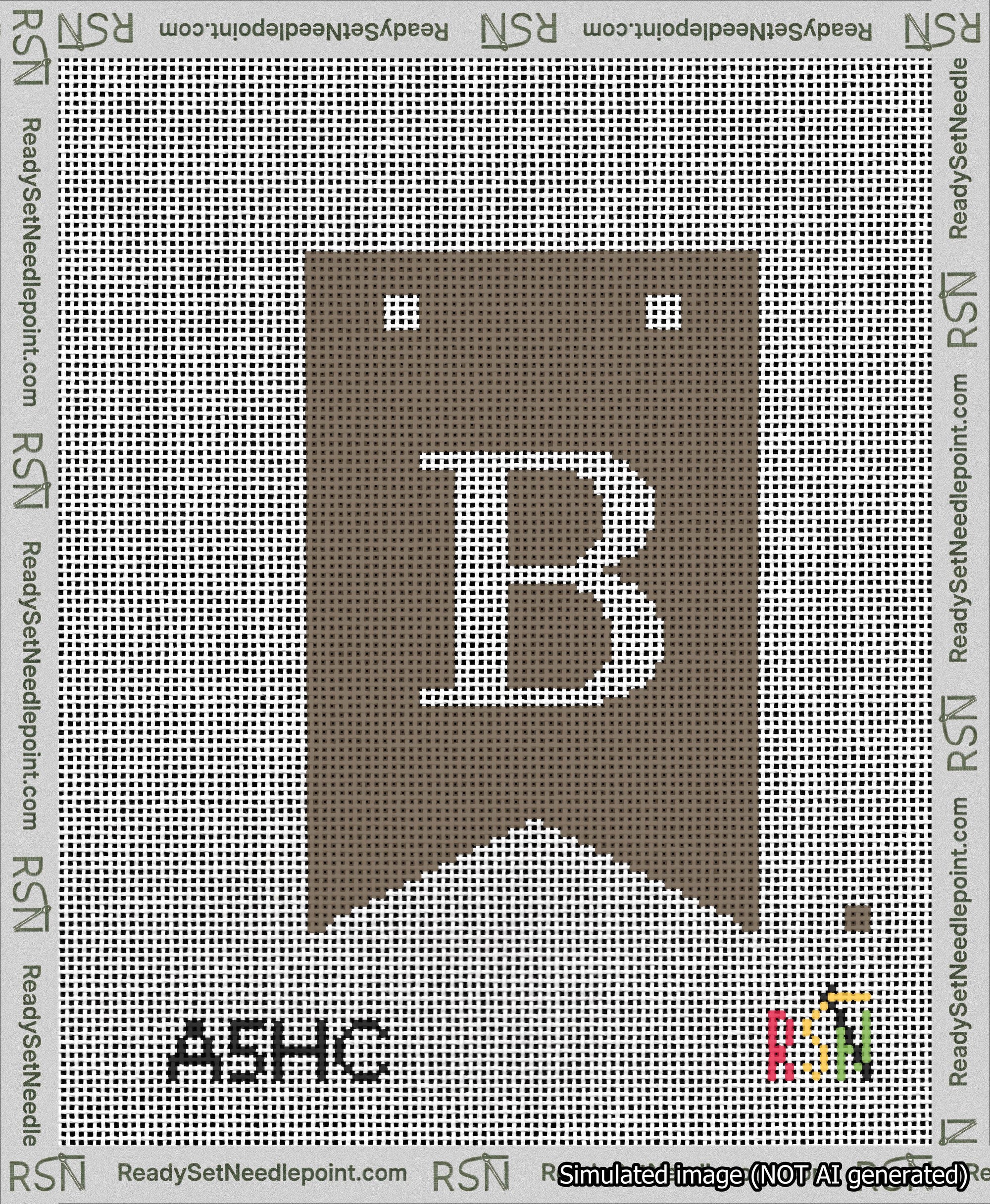 A taped needlepoint canvas with the design: Banner 13 mesh count Forked B White on Brown.