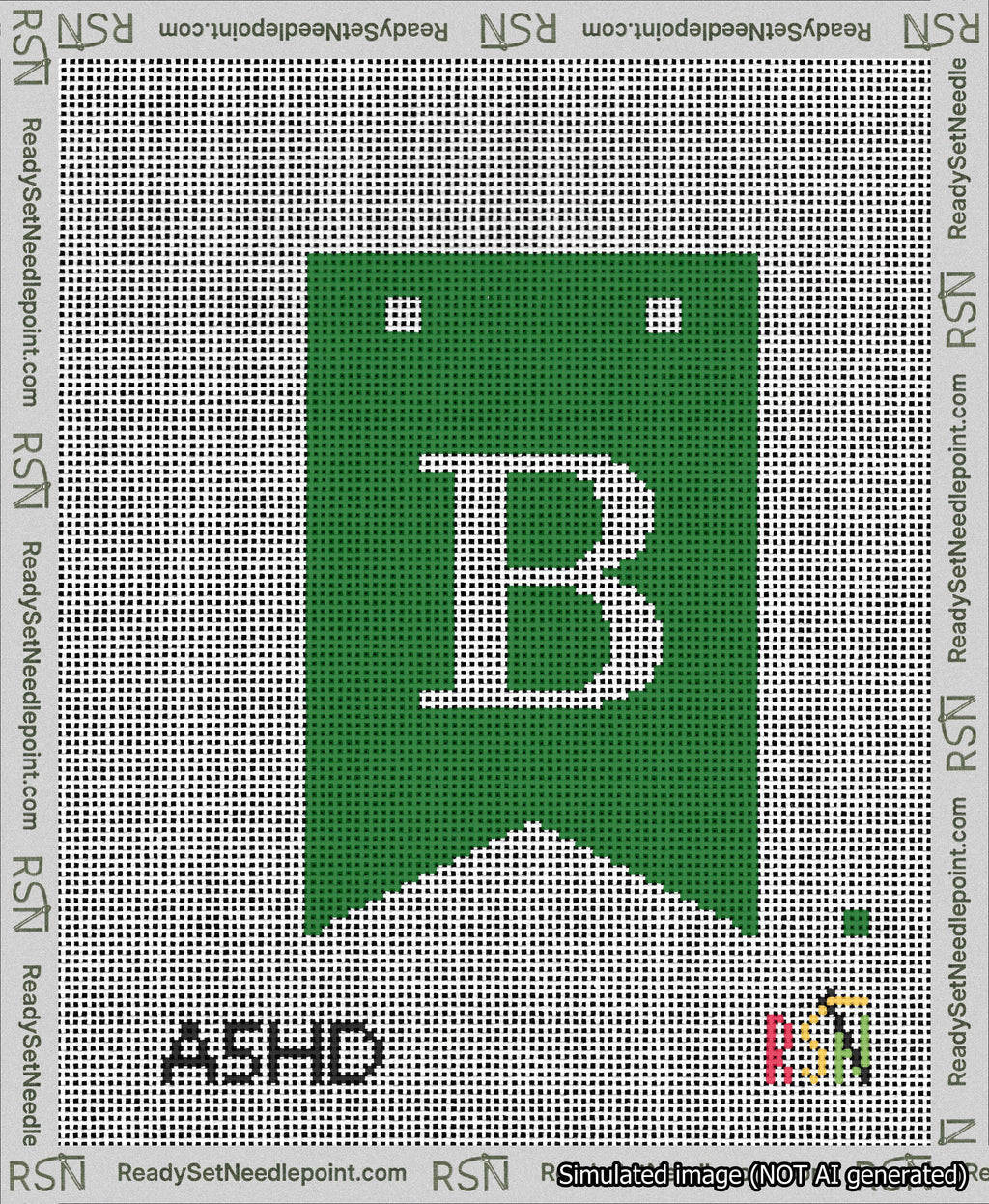 A taped needlepoint canvas with the design: Banner 13 mesh count Forked B White on Green.