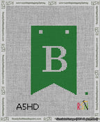 A taped needlepoint canvas with the design: Banner 13 mesh count Forked B White on Green.