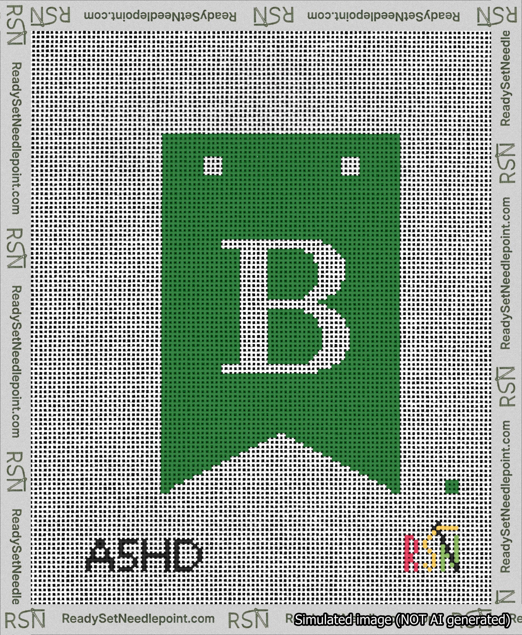 A taped needlepoint canvas with the design: Banner 13 mesh count Forked B White on Green.