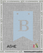 A taped needlepoint canvas with the design: Banner 13 mesh count Forked B White on Light Blue.