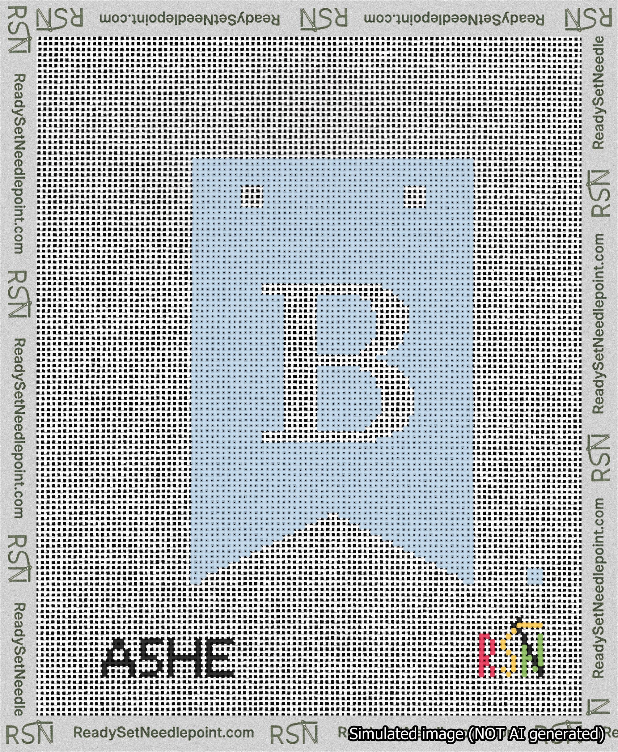 A taped needlepoint canvas with the design: Banner 13 mesh count Forked B White on Light Blue.