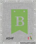 A taped needlepoint canvas with the design: Banner 13 mesh count Forked B White on Light Green.