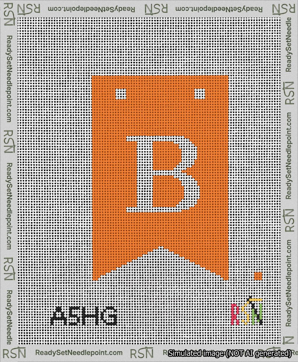 A taped needlepoint canvas with the design: Banner 13 mesh count Forked B White on Orange.