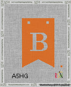A taped needlepoint canvas with the design: Banner 13 mesh count Forked B White on Orange.