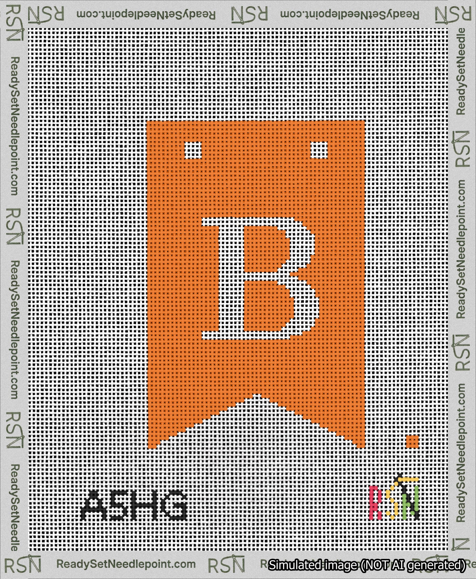 A taped needlepoint canvas with the design: Banner 13 mesh count Forked B White on Orange.