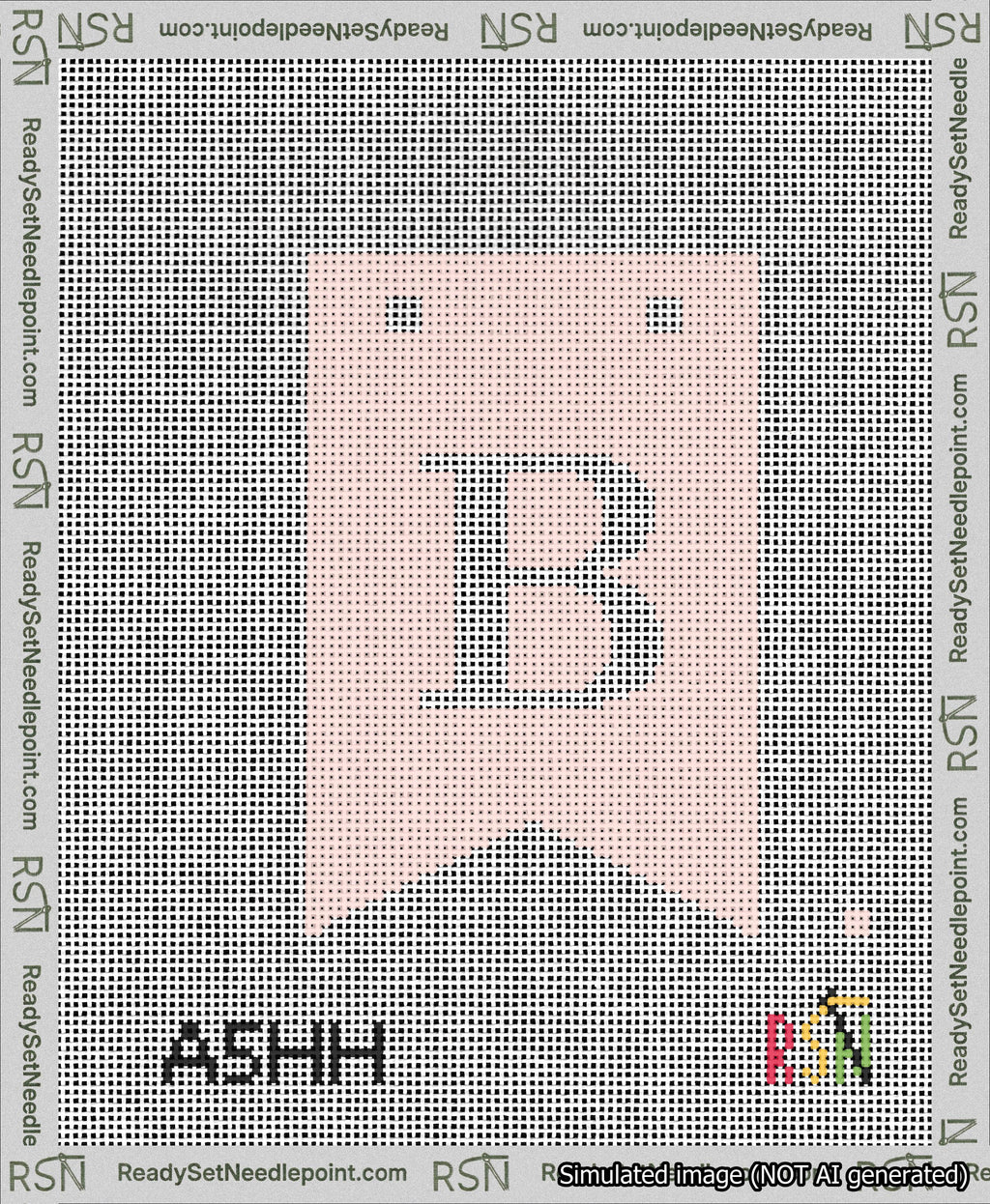A taped needlepoint canvas with the design: Banner 13 mesh count Forked B White on Pink.
