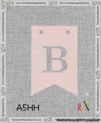 A taped needlepoint canvas with the design: Banner 13 mesh count Forked B White on Pink.