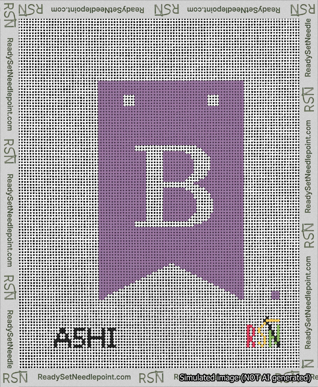 A taped needlepoint canvas with the design: Banner 13 mesh count Forked B White on Purple.