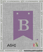 A taped needlepoint canvas with the design: Banner 13 mesh count Forked B White on Purple.