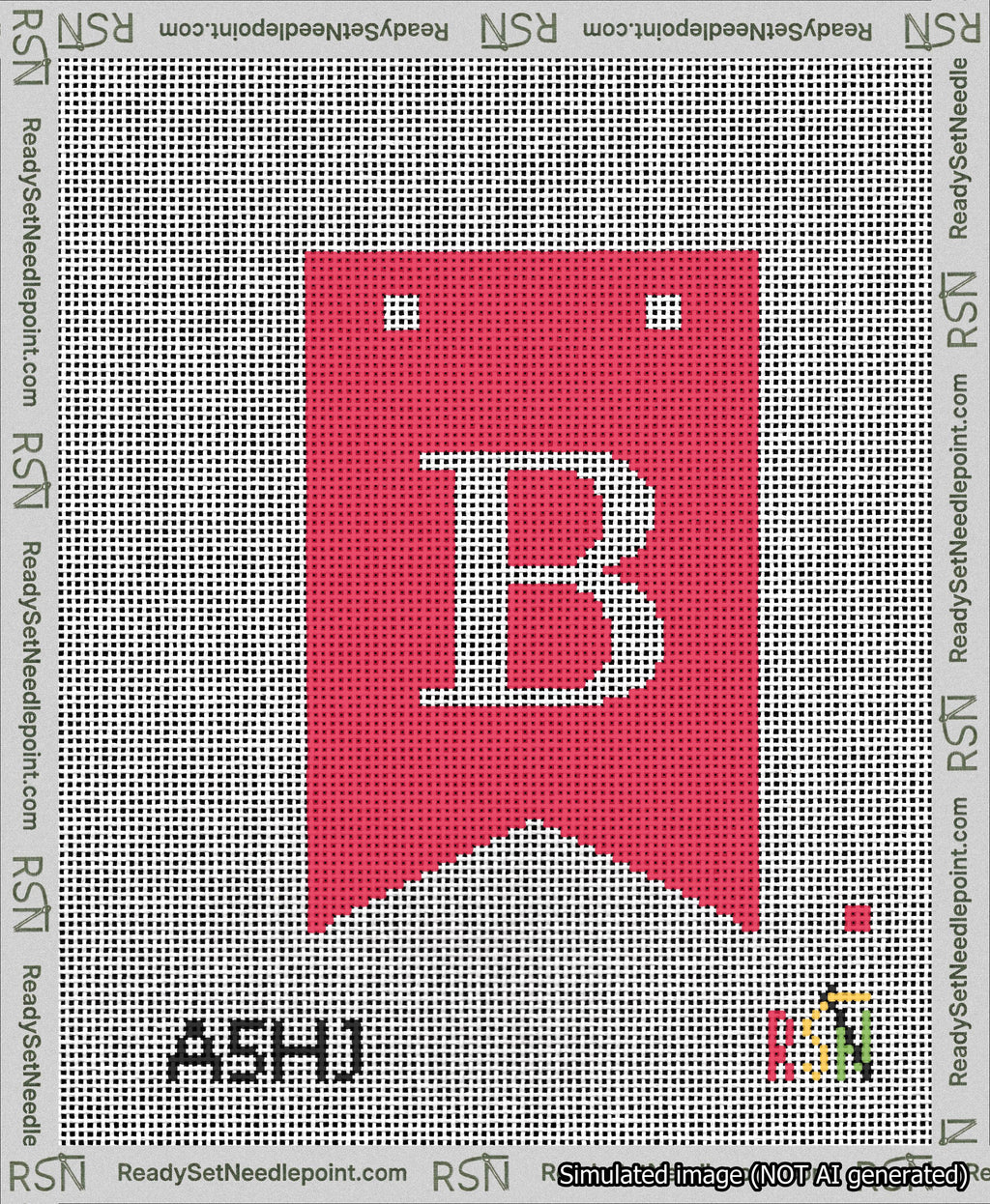 A taped needlepoint canvas with the design: Banner 13 mesh count Forked B White on Red.