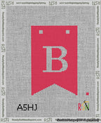 A taped needlepoint canvas with the design: Banner 13 mesh count Forked B White on Red.