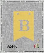 A taped needlepoint canvas with the design: Banner 13 mesh count Forked B White on Yellow.