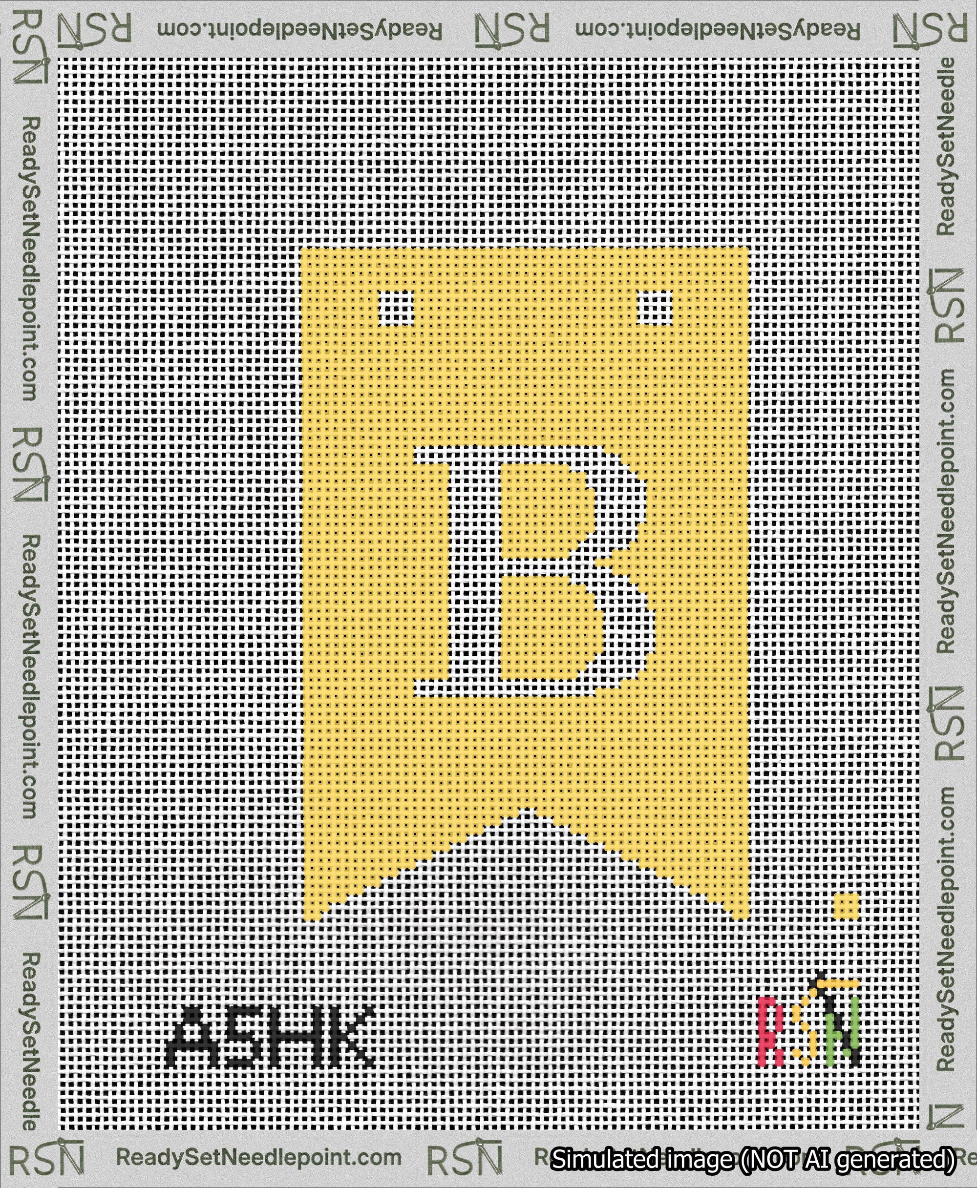A taped needlepoint canvas with the design: Banner 13 mesh count Forked B White on Yellow.