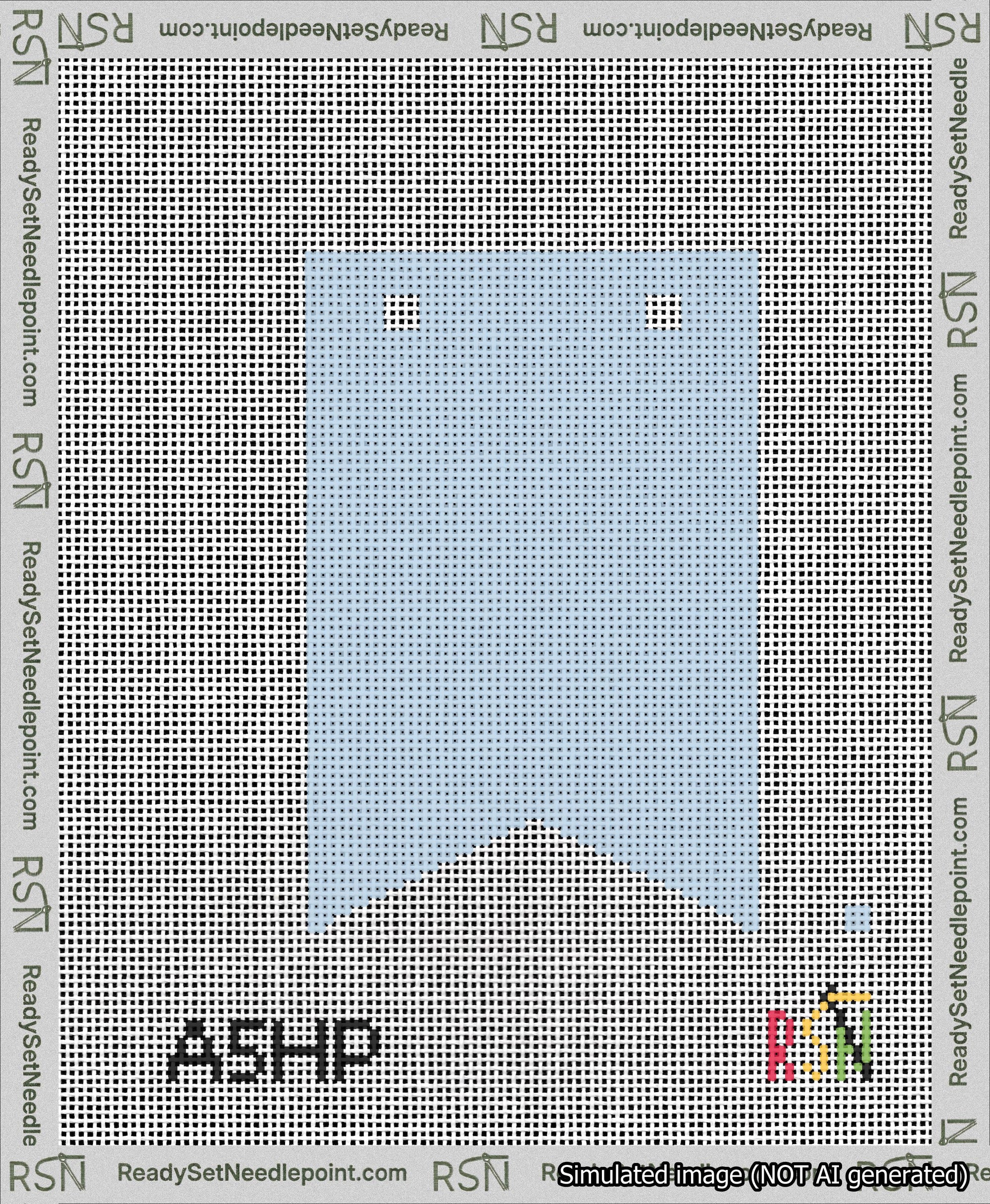 A taped needlepoint canvas with the design: Banner 13 mesh count Forked Blank Light Blue.