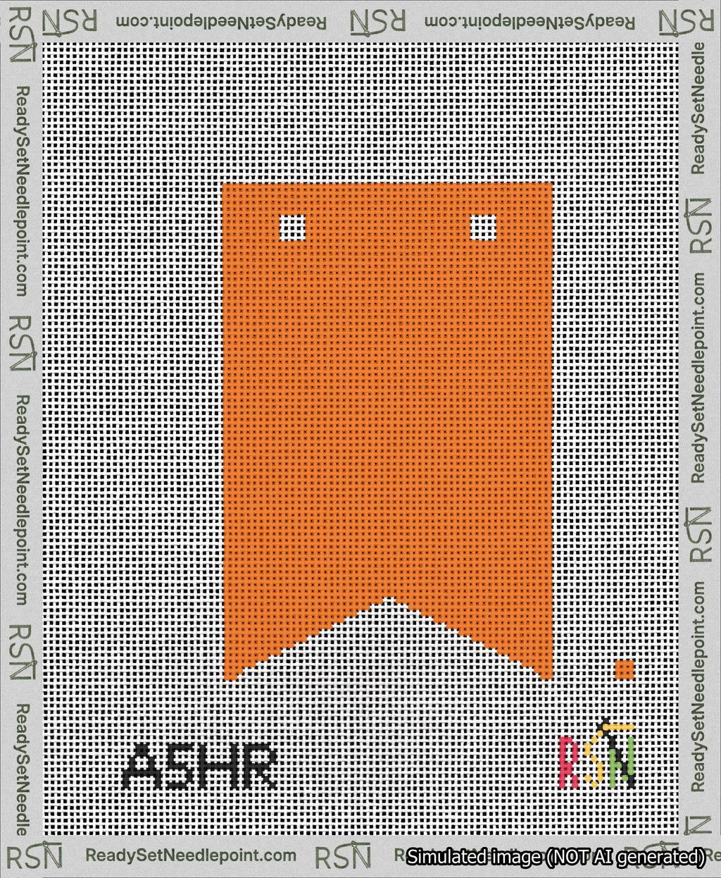 A taped needlepoint canvas with the design: Banner 13 mesh count Forked Blank Orange.