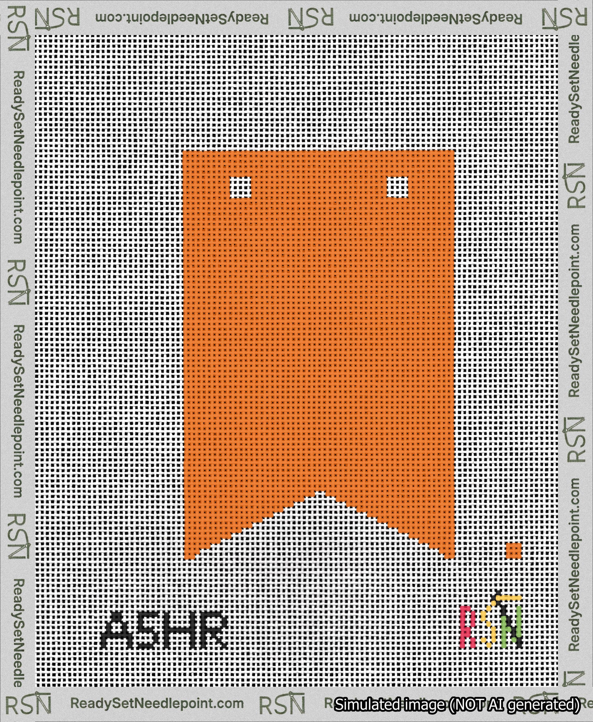 A taped needlepoint canvas with the design: Banner 13 mesh count Forked Blank Orange.