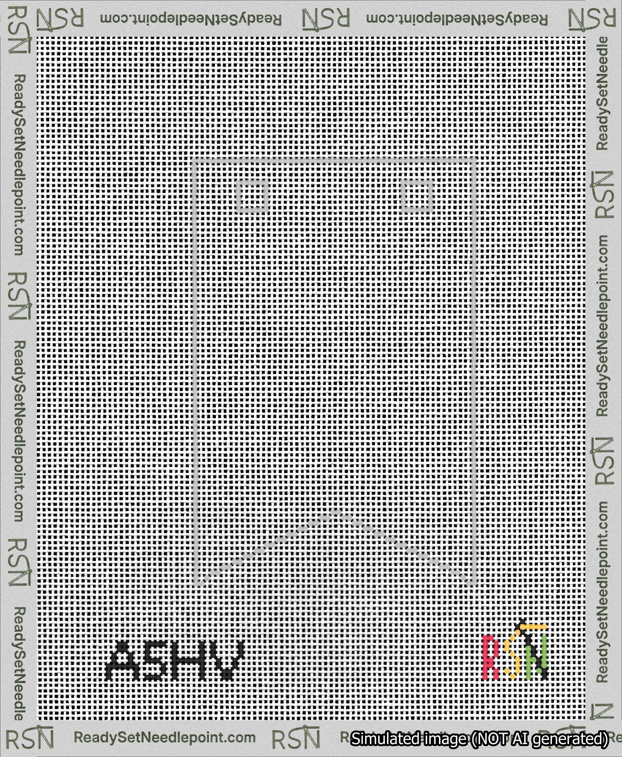 A taped needlepoint canvas with the design: Banner 13 mesh count Forked Blank White.