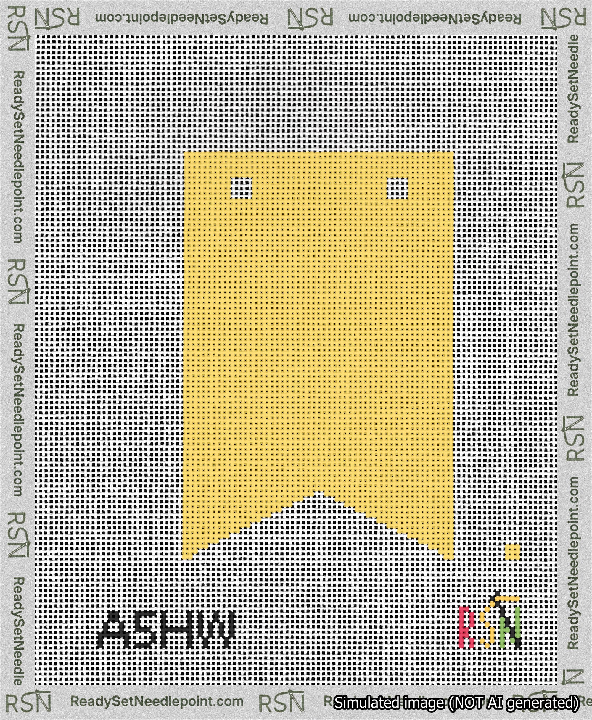 A taped needlepoint canvas with the design: Banner 13 mesh count Forked Blank Yellow.