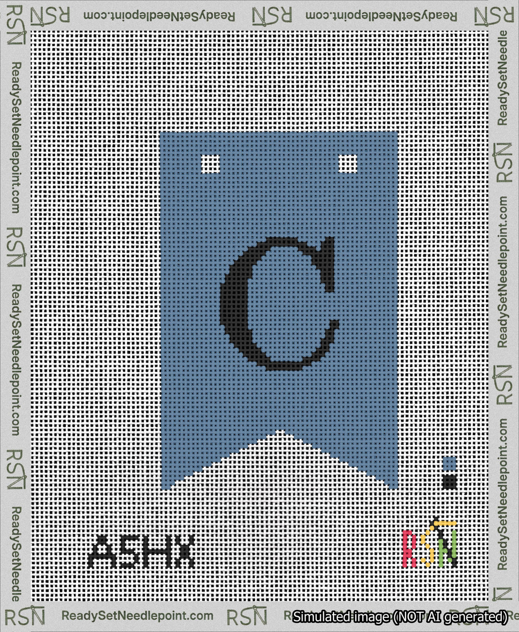 A taped needlepoint canvas with the design: Banner 13 mesh count Forked C Black on Blue.