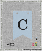A taped needlepoint canvas with the design: Banner 13 mesh count Forked C Black on Light Blue.