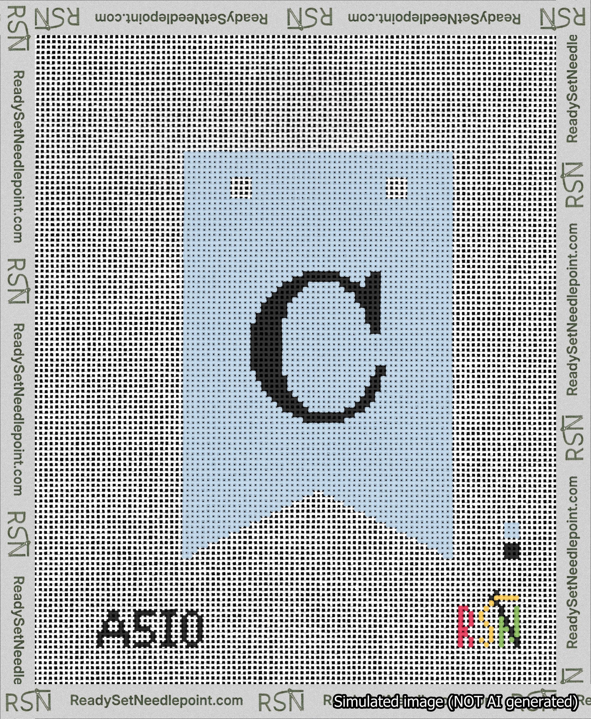 A taped needlepoint canvas with the design: Banner 13 mesh count Forked C Black on Light Blue.