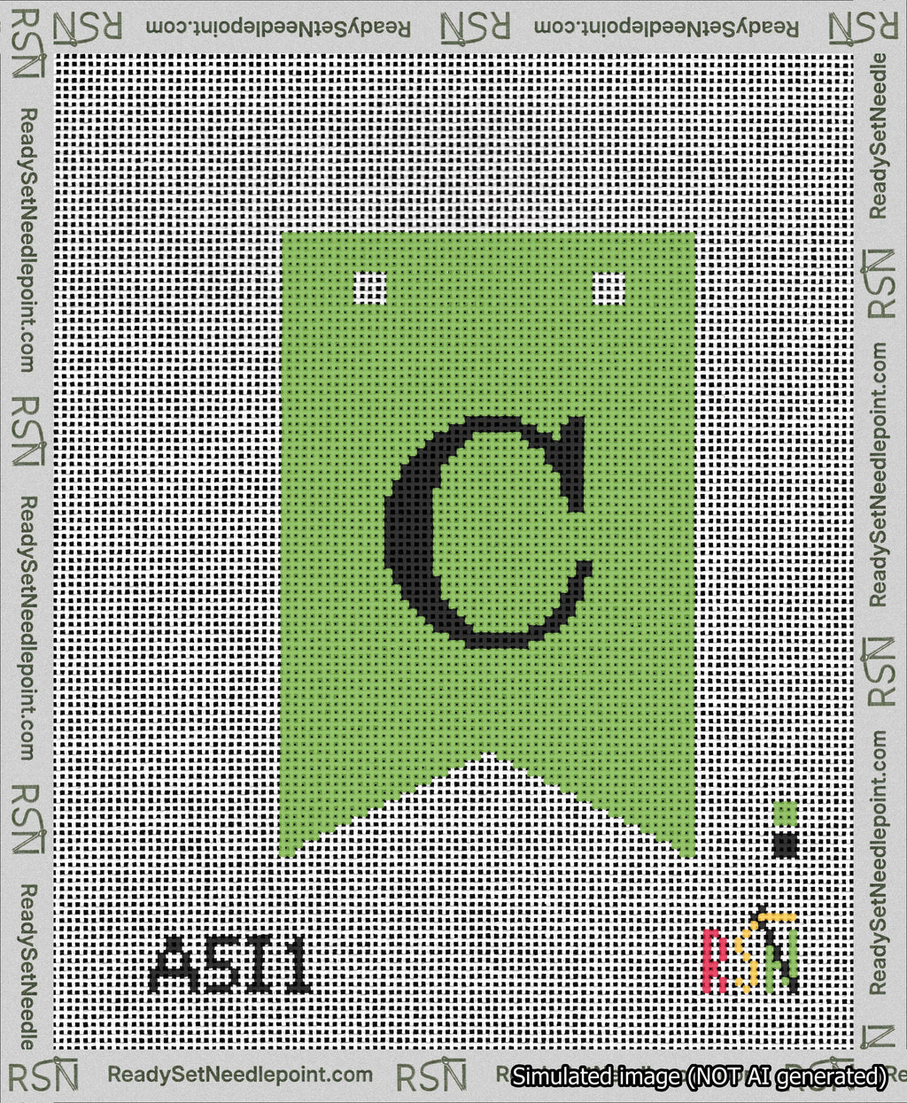 A taped needlepoint canvas with the design: Banner 13 mesh count Forked C Black on Light Green.