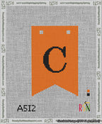 A taped needlepoint canvas with the design: Banner 13 mesh count Forked C Black on Orange.