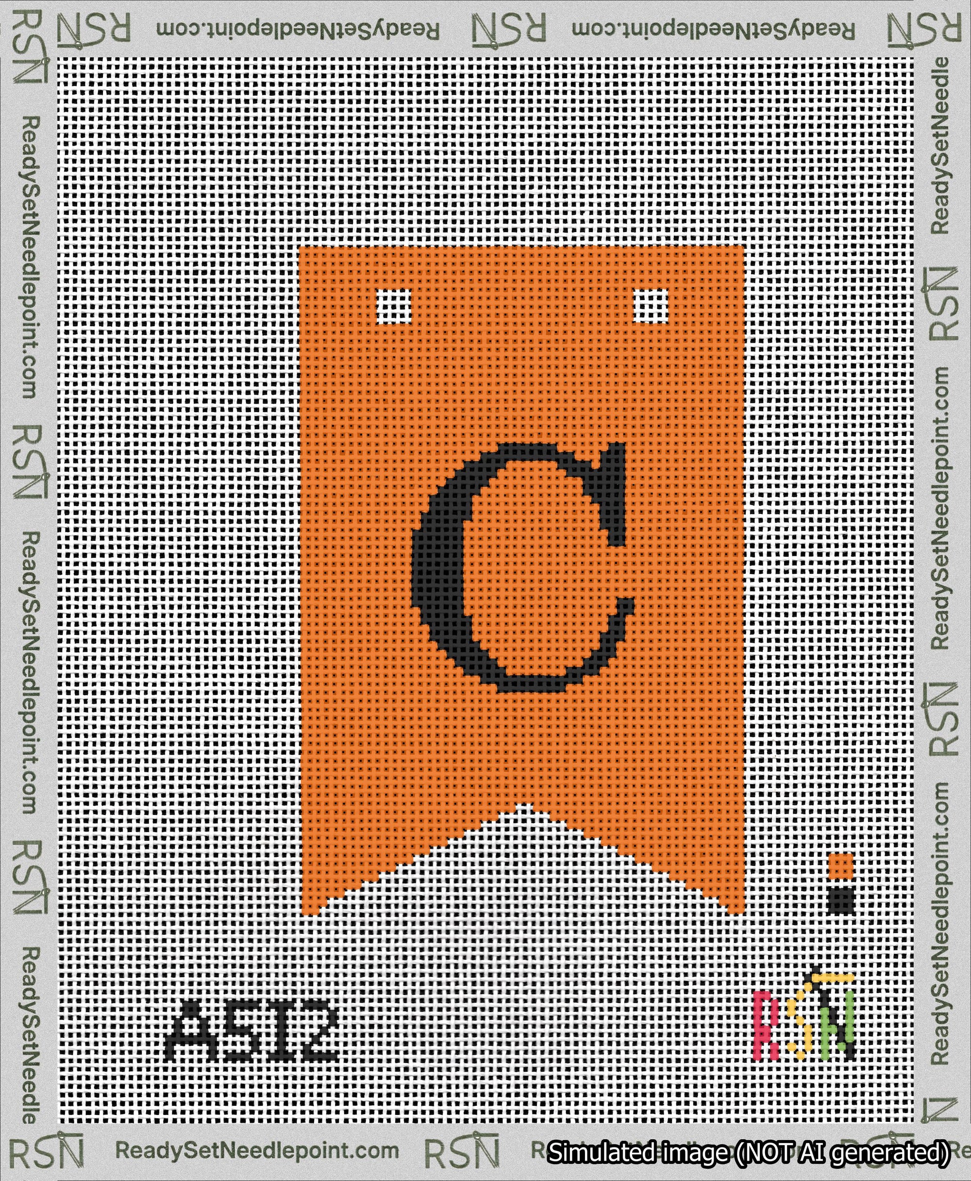 A taped needlepoint canvas with the design: Banner 13 mesh count Forked C Black on Orange.