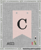 A taped needlepoint canvas with the design: Banner 13 mesh count Forked C Black on Pink.