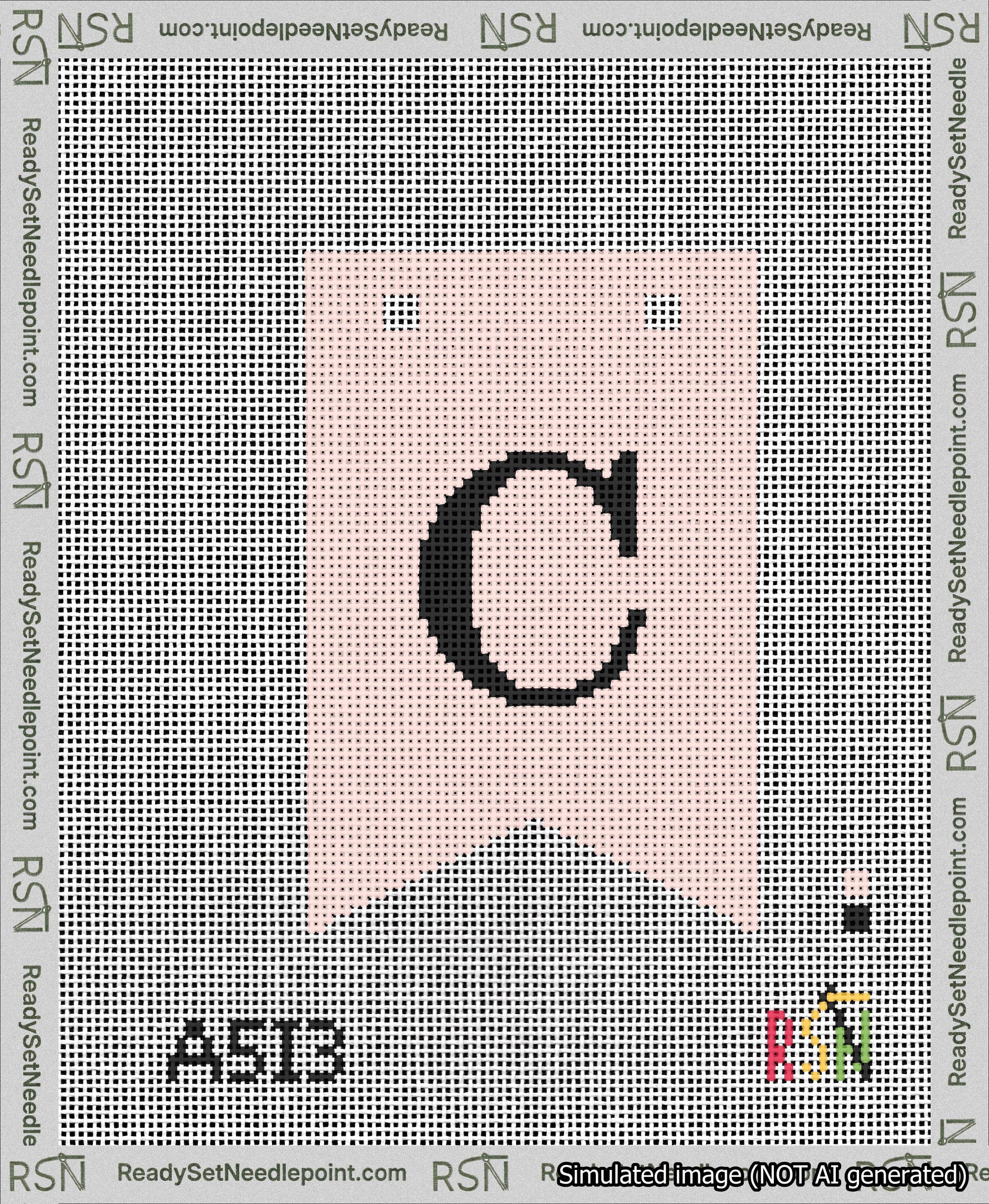 A taped needlepoint canvas with the design: Banner 13 mesh count Forked C Black on Pink.