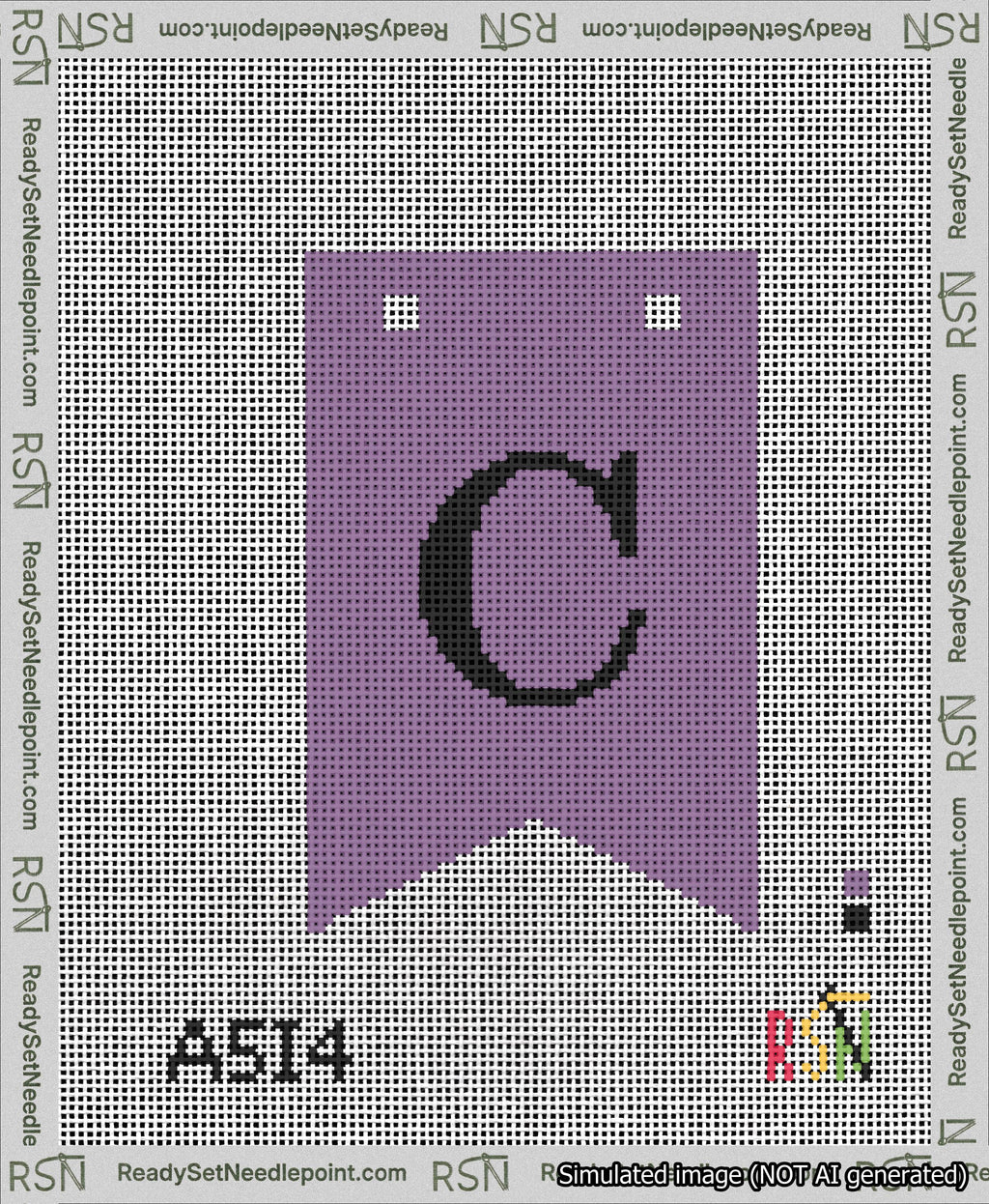 A taped needlepoint canvas with the design: Banner 13 mesh count Forked C Black on Purple.