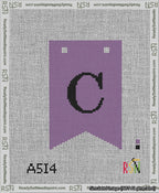 A taped needlepoint canvas with the design: Banner 13 mesh count Forked C Black on Purple.