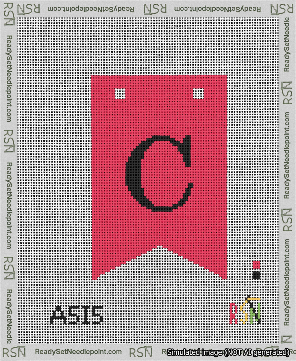 A taped needlepoint canvas with the design: Banner 13 mesh count Forked C Black on Red.