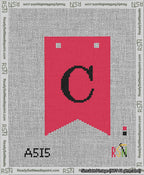 A taped needlepoint canvas with the design: Banner 13 mesh count Forked C Black on Red.