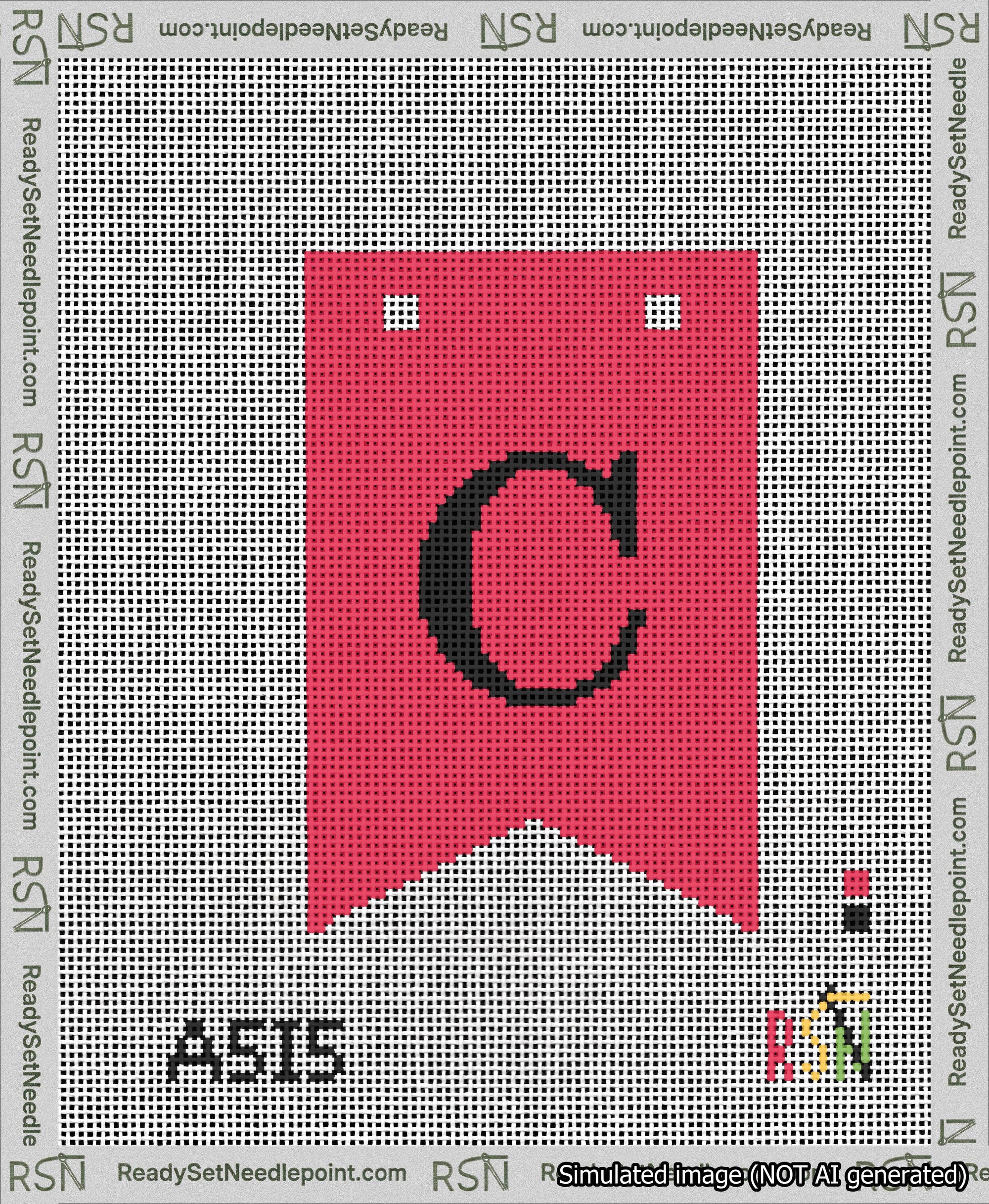 A taped needlepoint canvas with the design: Banner 13 mesh count Forked C Black on Red.