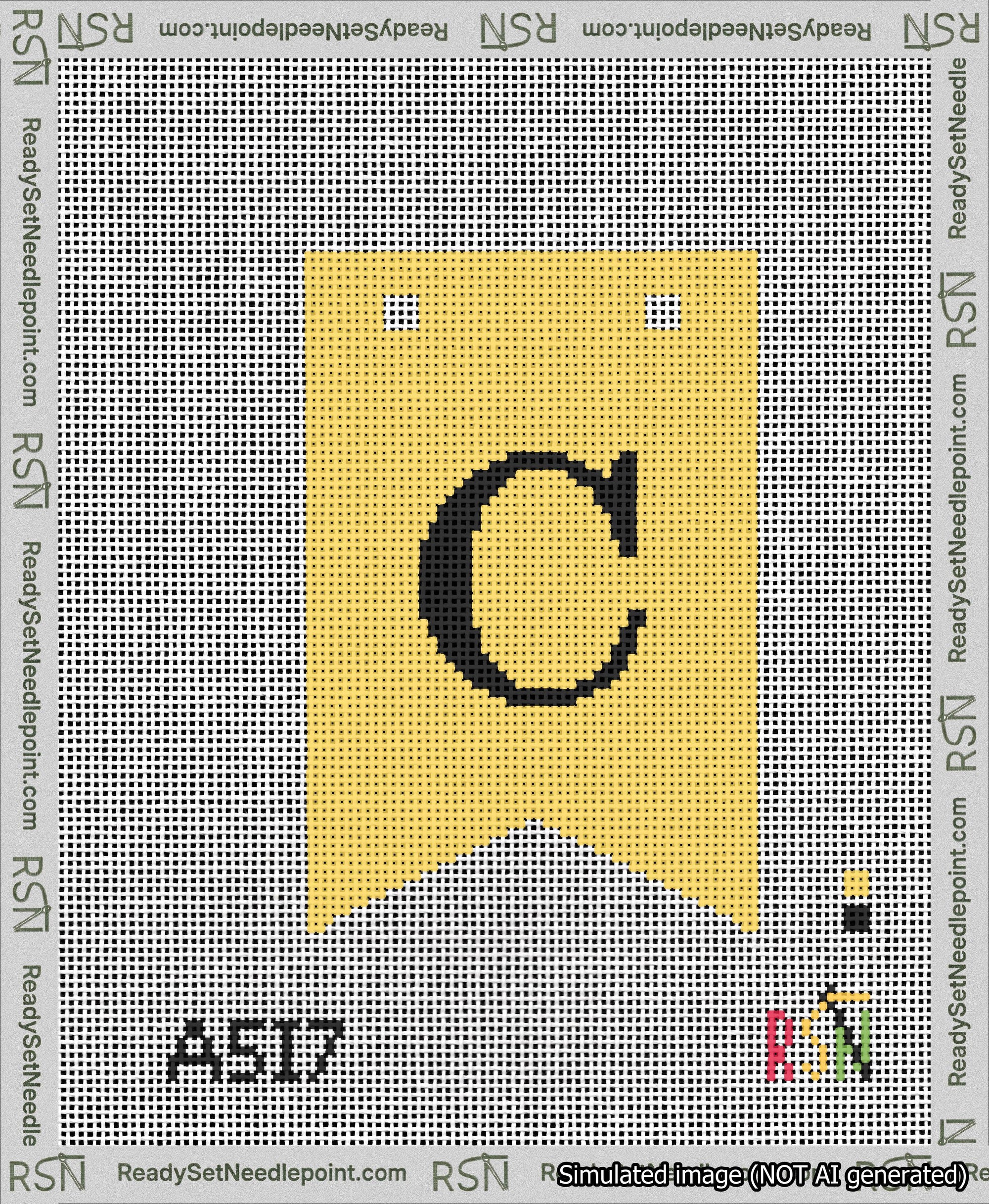 A taped needlepoint canvas with the design: Banner 13 mesh count Forked C Black on Yellow.